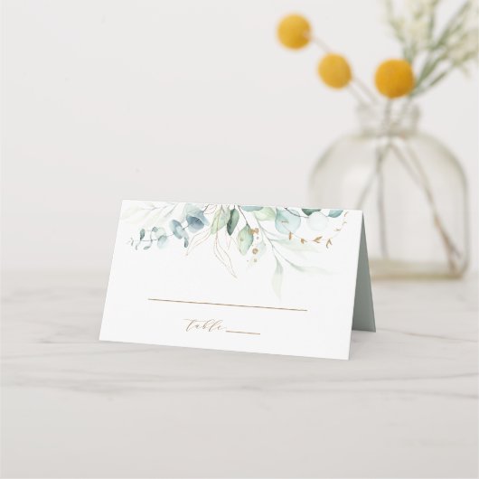 金ゴールドと緑結婚植物パーソナライズされた プレイスカード (正面)