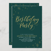 金ゴールドと緑 |シックモダン25th誕生日パーティー 招待状 (正面/裏面)