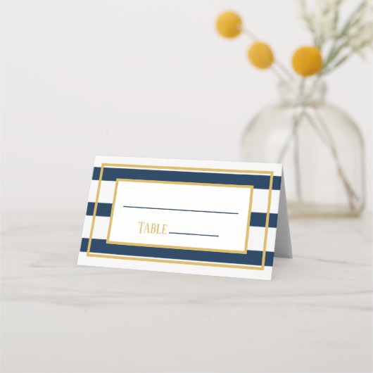 金ゴールドと航海の海軍ストライプの結婚テーブルの場所 プレイスカード (正面)