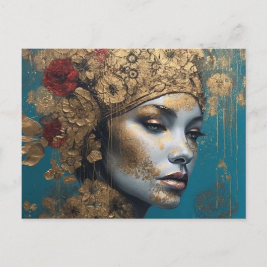 金ゴールドと花を持つ女性 ポストカード (正面)