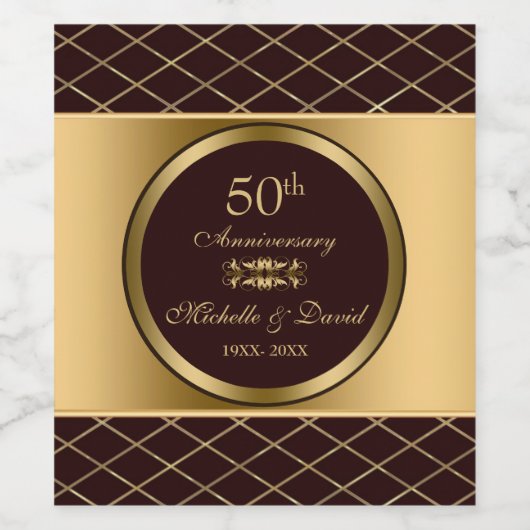 金ゴールドと茶色の幾何学模様 – 50周年記念 ワインラベル (シングルラベル)