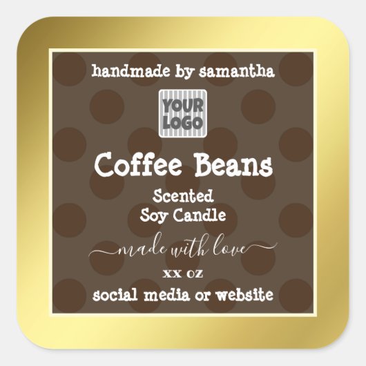 金ゴールドと茶色の製品のパッケージングラベル（ロゴ付き） スクエアシール (正面)