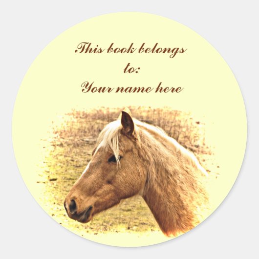 金ゴールドと茶色の馬の太陽の動物蔵書票 ラウンドシール (正面)