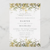 金ゴールドと葉の葉水色結婚の箔 箔招待状 (正面)