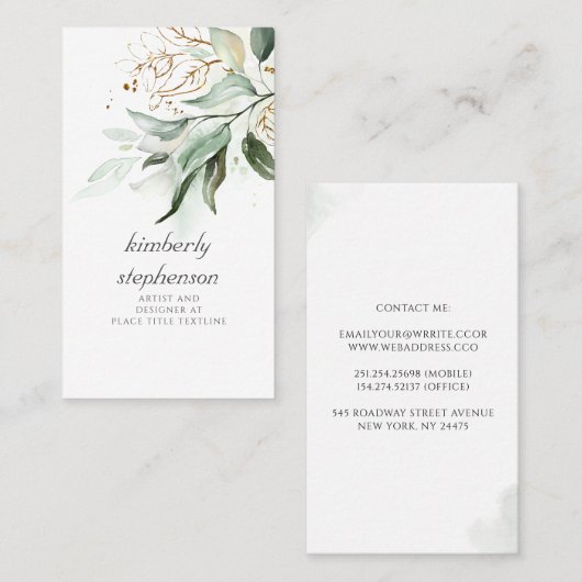 金ゴールドと葉ユーカリーの緑の夢のような色あせた 名刺 (正面/裏面)