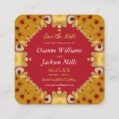 金ゴールドと赤いハート日付カードの保存 スクエア名刺 (裏面)