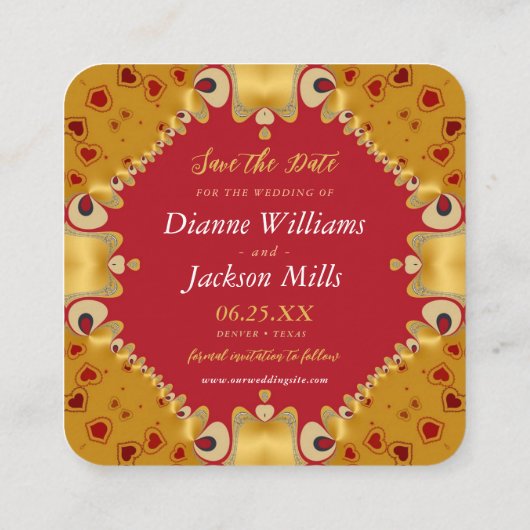 金ゴールドと赤いハート日付カードの保存 スクエア名刺 (裏面)