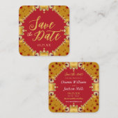 金ゴールドと赤いハート日付カードの保存 スクエア名刺 (正面/裏面)