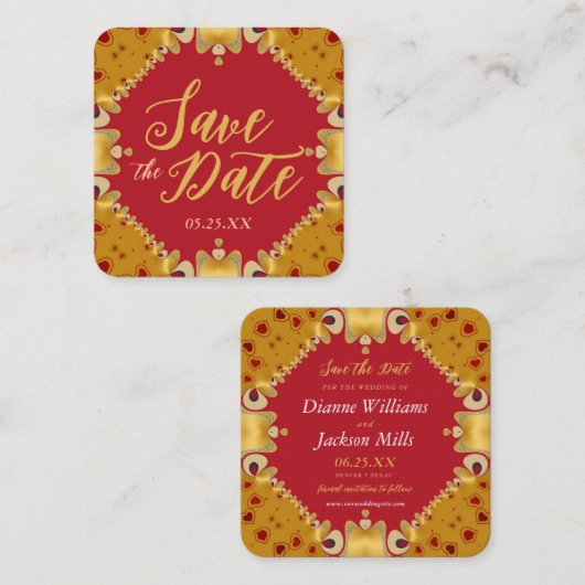 金ゴールドと赤いハート日付カードの保存 スクエア名刺 (正面/裏面)