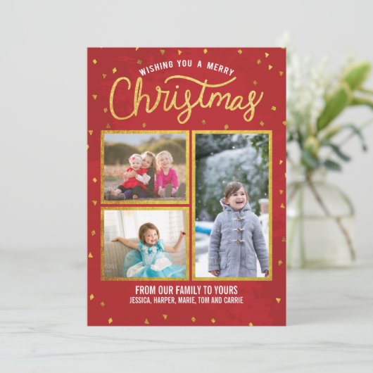 金ゴールドと赤いメリークリスマス シーズンカード (スタンド正面)