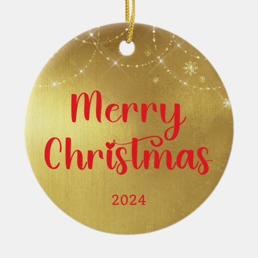 金ゴールドと赤いメリークリスマス セラミックオーナメント (正面)