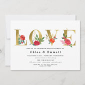 金ゴールドと赤い花の婚約パーティ 招待状 (正面)