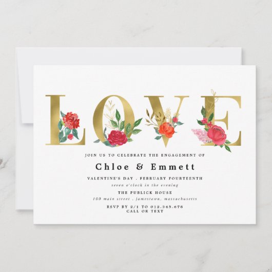 金ゴールドと赤い花の婚約パーティ 招待状 (正面)