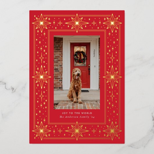 金ゴールドと赤のジオメトリックスター縁どクリスマスフォト 箔招待状 (正面)