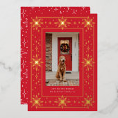 金ゴールドと赤のジオメトリックスター縁どクリスマスフォト 箔招待状 (正面/裏面)