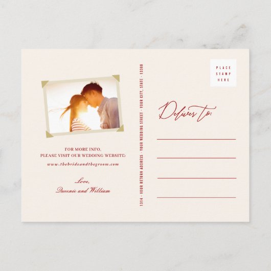 金ゴールドと赤のダブル中国のハピネス日付を保存 案内ポストカード (裏面)