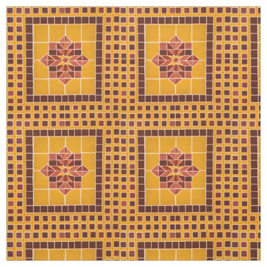 金ゴールドと赤の繰り返しメキシコのタイルパターン ファブリック (見本)