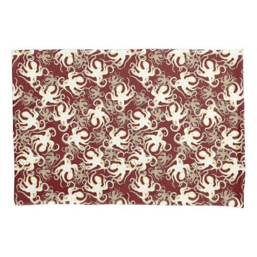 金ゴールドと赤の繰り返しモチーフ |タコ模様 枕カバー (正面)