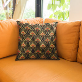 金ゴールドと赤アールデコのシームレスなパターン クッション