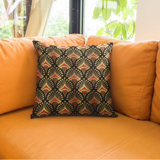 金ゴールドと赤アールデコのシームレスなパターン クッション