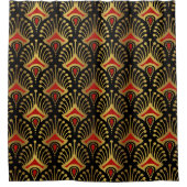 金ゴールドと赤アールデコパターン シャワーカーテン (正面)