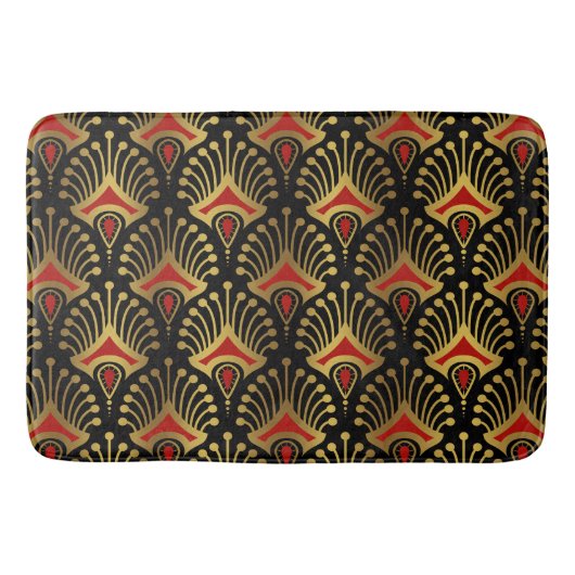 金ゴールドと赤アールデコパターン バスマット (正面)