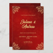 金ゴールドと赤クラシックフローラ結婚の 招待状 (正面/裏面)