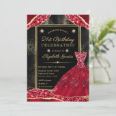 金ゴールドと赤グリッタードレス21歳の誕生日 招待状 (スタンド正面)