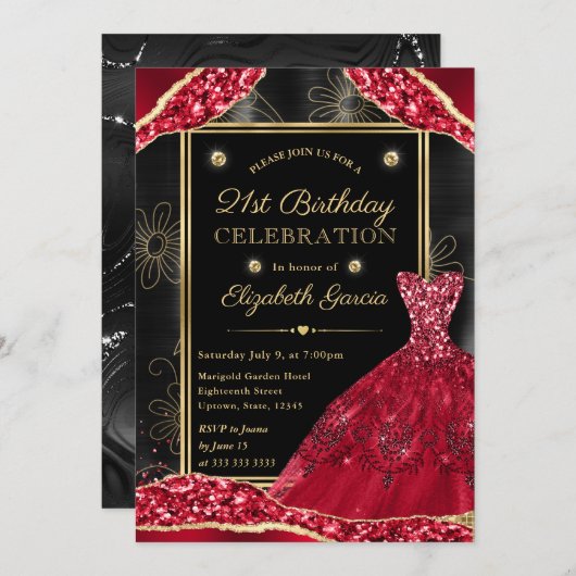 金ゴールドと赤グリッタードレス21歳の誕生日 招待状 (正面/裏面)