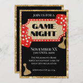 金ゴールドと赤グリッターボードゲームナイトのブラック 招待状 (正面/裏面)