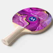 金ゴールドと赤バイオレット液体インク、モノグラムと名前 卓球ラケット (正面アングル)