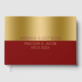 金ゴールドと赤パーソナライズされた結婚の ゲストブック (正面)