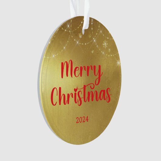 金ゴールドと赤メリークリスマスの写真 オーナメント (正面)