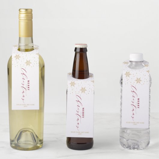 金ゴールドと赤モダン文字の雪メリークリスマス ボトルネックタグ (インサイチュ)