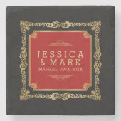 金ゴールドと赤華美枠の黒の背景 ストーンコースター (正面)