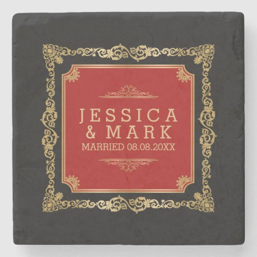金ゴールドと赤華美枠の黒の背景 ストーンコースター (正面)
