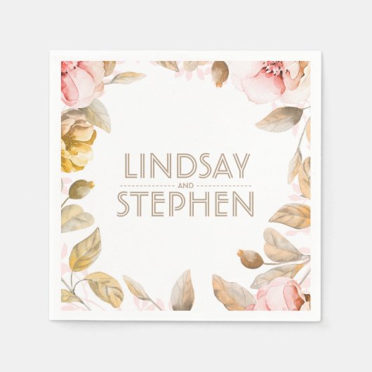 金ゴールドと赤面の水色の花ヴィンテージウェディング スタンダードカクテルナプキン (正面)