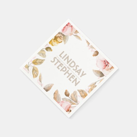 金ゴールドと赤面の水色の花ヴィンテージウェディング スタンダードカクテルナプキン (角)