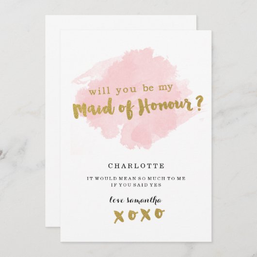 金ゴールドと赤面は私のメイド・オブ・オーナー（花嫁付き添い人）か？ 招待状 (正面/裏面)