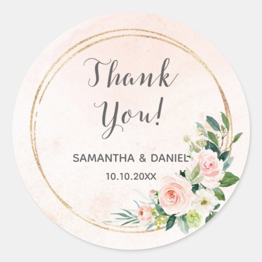 金ゴールドと赤面ピンクフローラ水彩色ありがとう ラウンドシール (正面)