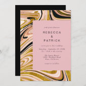 金ゴールドと赤面マーブル抽象芸術結婚式招待状 招待状 (正面/裏面)
