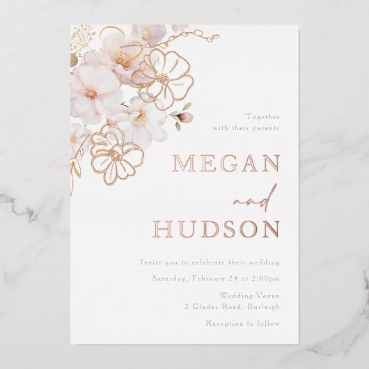 金ゴールドと赤面ワイルドフラワー結婚ズのバラ金ゴールド 箔招待状 (正面)