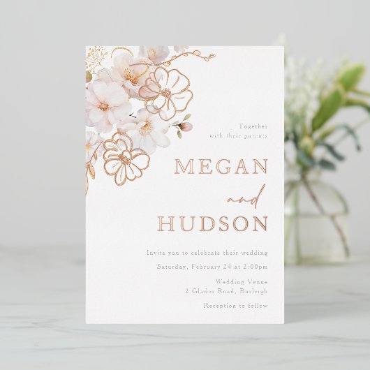 金ゴールドと赤面ワイルドフラワー結婚ズのバラ金ゴールド 箔招待状 (立ち正面)