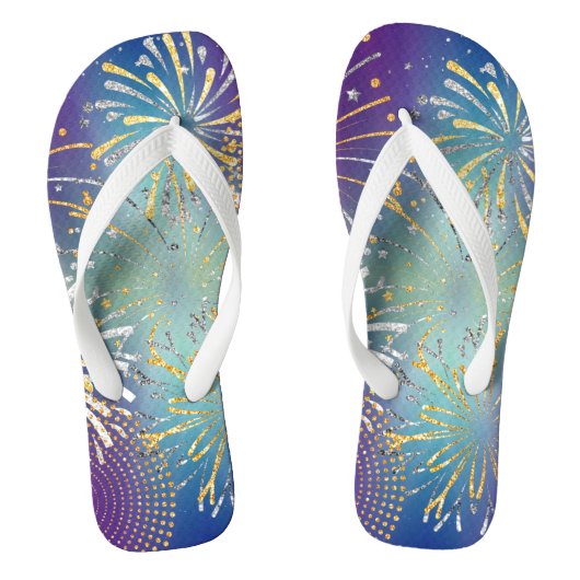 金ゴールドと銀フェイクフリップフロップ付き花火デザイン ビーチサンダル (フットベッド)
