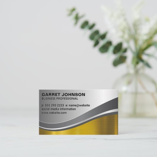 金ゴールドと銀金属ブラシ仕上げシャイン 名刺 (スタンド正面)