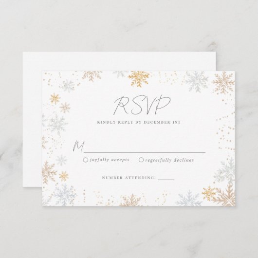 金ゴールドと銀雪片ウェディングRSVPカード 出欠カード (正面/裏面)