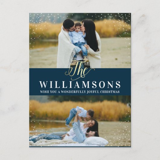 金ゴールドと雪 | 2写真クリスマスホリデー シーズンポストカード (正面)
