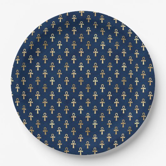 金ゴールドと青いエジプトのアンク様式 ペーパープレート (正面)