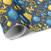 金ゴールドと青いクリスマスの装飾品 ラッピングペーパー (ロールコーナー)