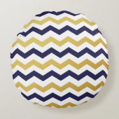 金ゴールドと青いシェブロン柄の丸枕 ラウンドクッション (正面)